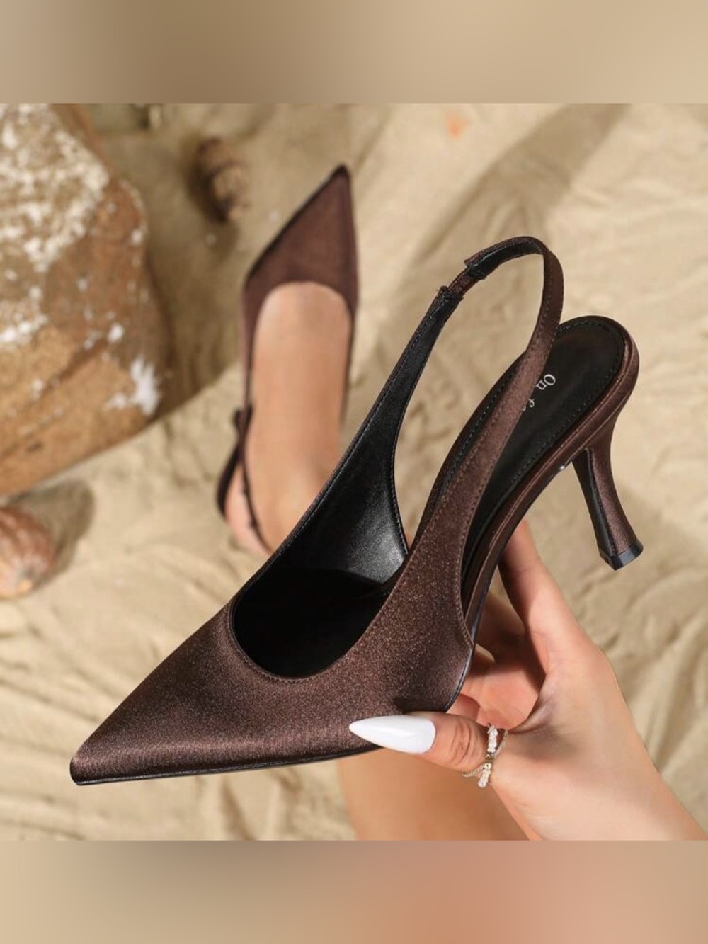 Satin Pointed-Toe Slingback Heels in Chocolate Brown new
